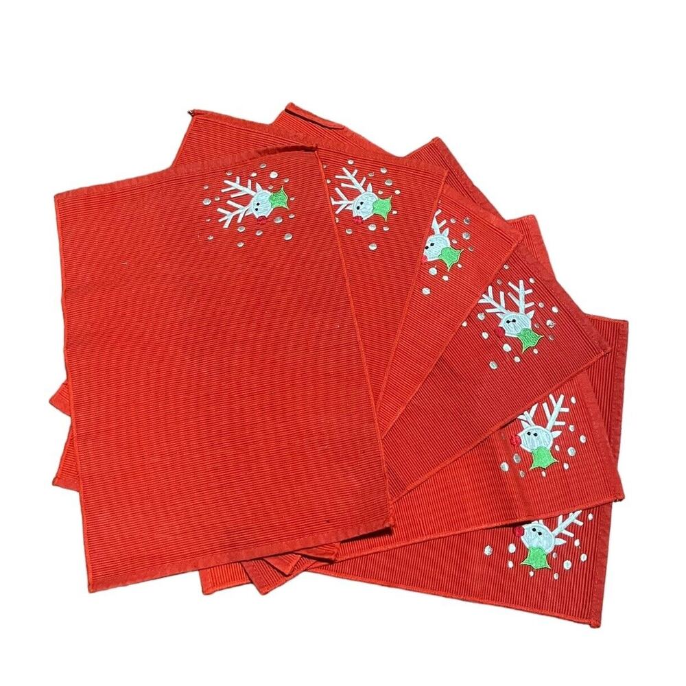 6 Red Christmas Rudolph Placemats Holiday Placemat Embroidered Silver 16x12